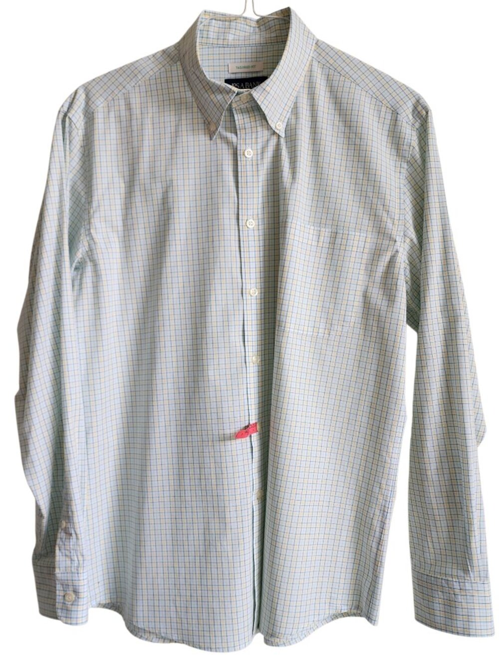 Medium Jos A Bank Shirt Teal White Blue Yellow Check Plaid M Size Cotton Blend